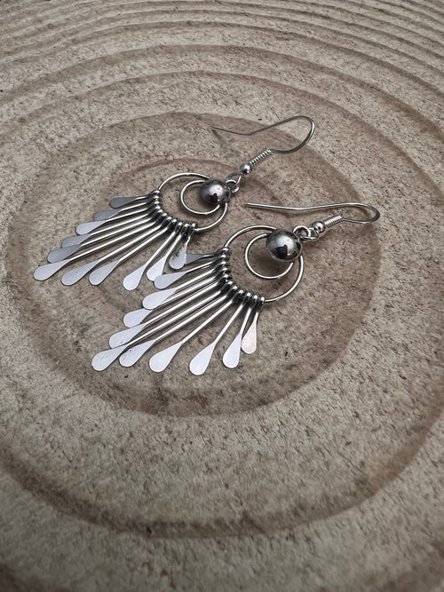 Pam Armstrong Navajo Handmade Sterling Dangle Earrings - 1 3/4 inch drop - Cowhide and Conchos