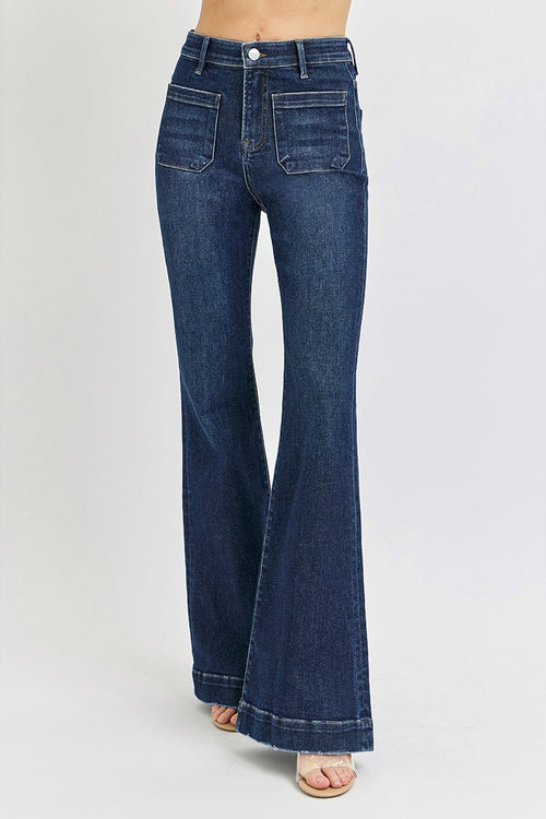 Risen High Waist Patch Pocket Flare Jeans