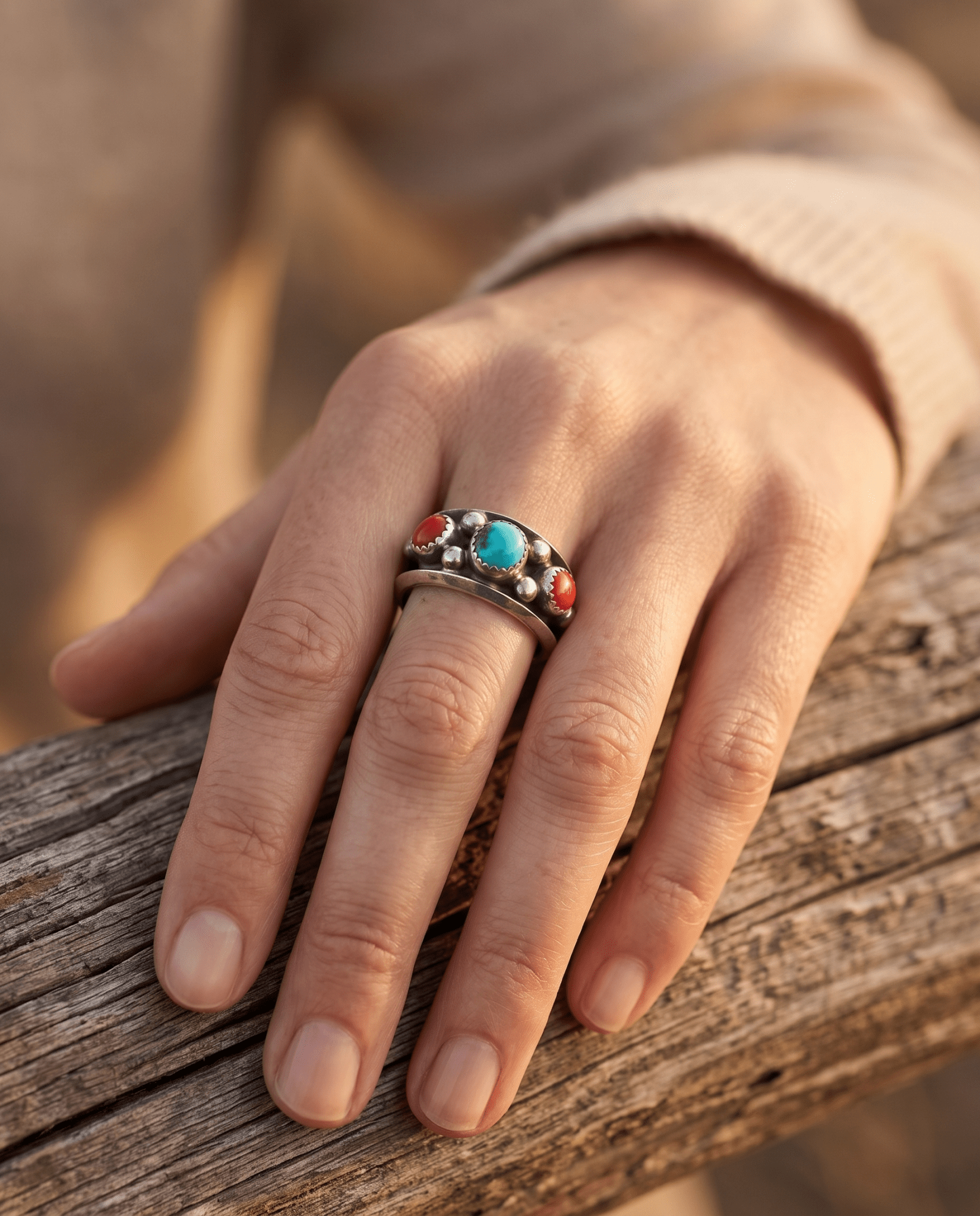 Paul Largo Navajo Turquoise & Coral Sterling Silver Ring — Size 9 - Cowhide and Conchos