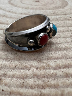 Paul Largo Turquoise, Coral & Sterling Silver Ring - Size 9 - Cowhide and Conchos