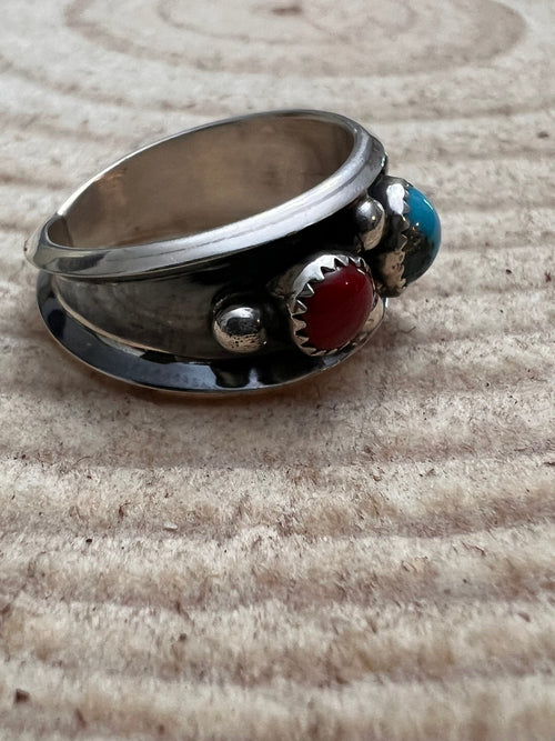 Paul Largo Turquoise, Coral & Sterling Silver Ring - Size 9 - Cowhide and Conchos