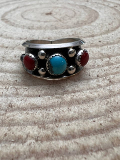 Paul Largo Turquoise, Coral & Sterling Silver Ring - Size 9 - Cowhide and Conchos