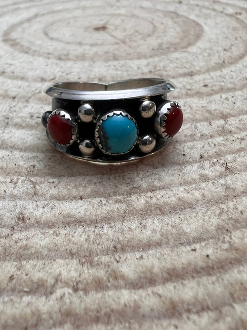 Paul Largo Turquoise, Coral & Sterling Silver Ring - Size 9 - Cowhide and Conchos