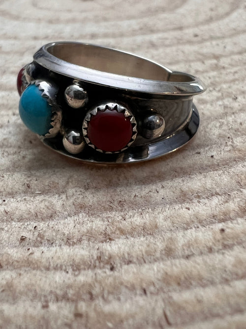 Paul Largo Turquoise, Coral & Sterling Silver Ring - Size 9 - Cowhide and Conchos