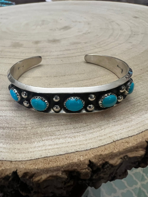 Paul Largo Turquoise & Sterling Silver Bracelet - Cowhide and Conchos