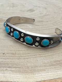Paul Largo Turquoise & Sterling Silver Bracelet - Cowhide and Conchos