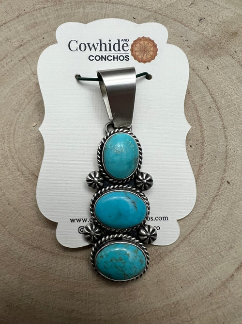 Paul Livingston Turquoise & Sterling Silver Pendant - Cowhide and Conchos