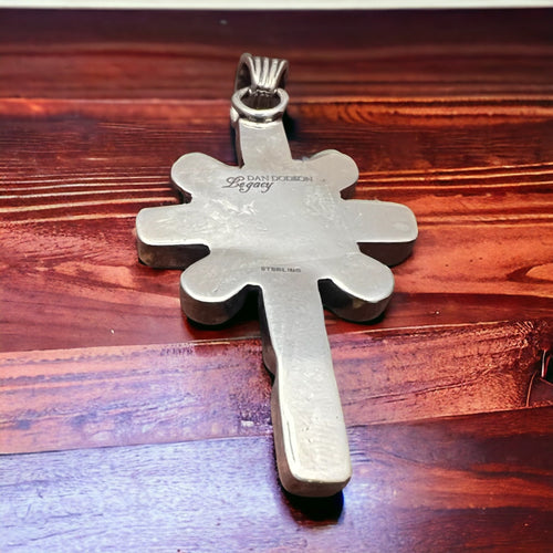 Peace Lily Cross with Blue Kingman Turquoise - Cowhide and Conchos