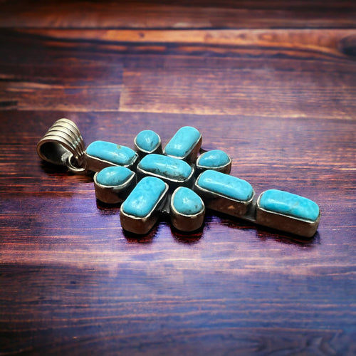 Peace Lily Cross with Blue Kingman Turquoise - Cowhide and Conchos