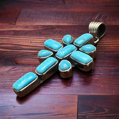 Peace Lily Cross with Blue Kingman Turquoise - Cowhide and Conchos
