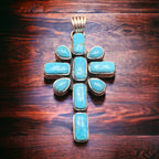 Peace Lily Cross with Blue Kingman Turquoise - Cowhide and Conchos