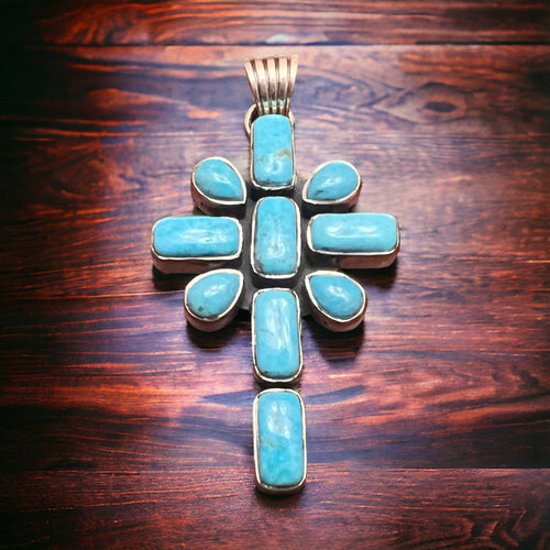 Peace Lily Cross with Blue Kingman Turquoise - Cowhide and Conchos