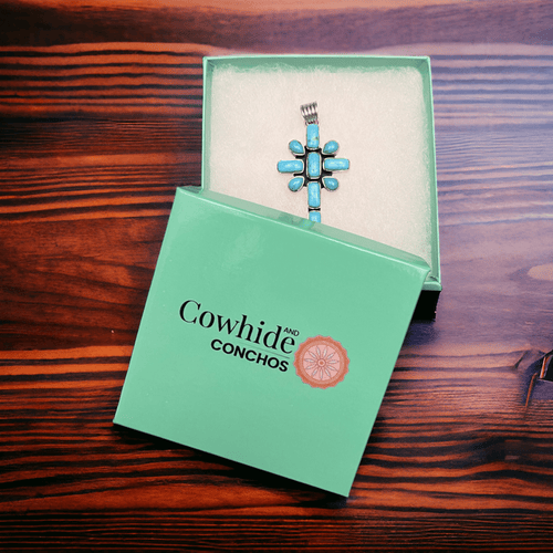 Peace Lily Cross with Blue Kingman Turquoise - Cowhide and Conchos