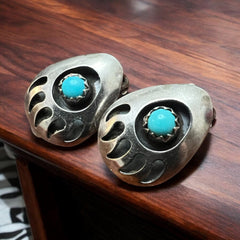 Petite bear paw turquoise and sterling - Clip - on earrings - Cowhide and Conchos