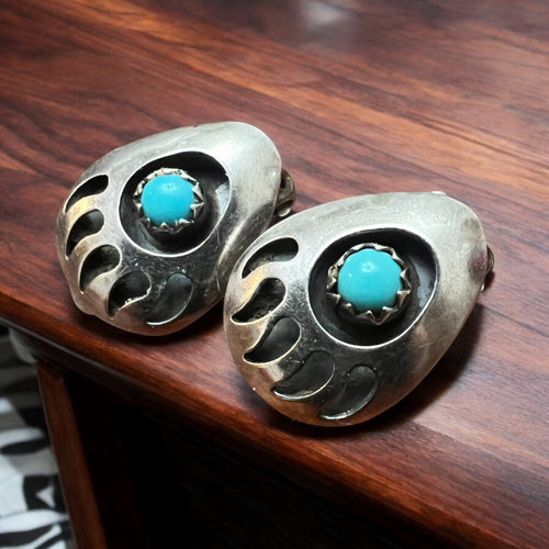 Petite bear paw turquoise and sterling - Clip - on earrings - Cowhide and Conchos