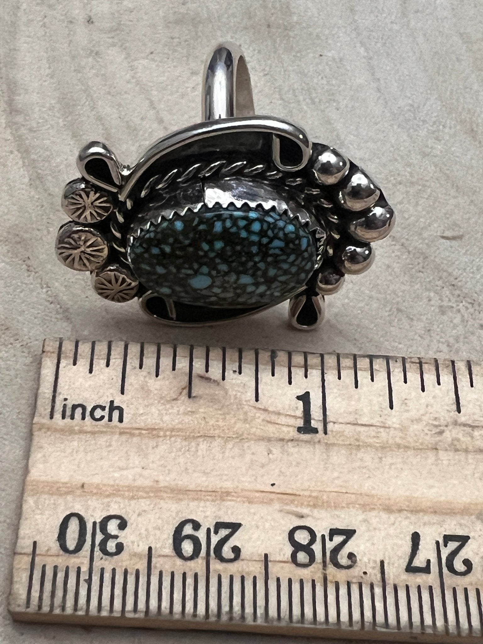 Phil Nez Navajo Sterling Silver Ring with Natural Kingman Turquoise — Adjustable (size 8 to 9), 1 1/4" × 1 1/8" Face (PN Hallmarked, Heirloom) - Cowhide and Conchos