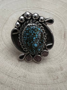 Phil Nez Navajo Sterling Silver Ring with Natural Kingman Turquoise — Adjustable (size 8 to 9), 1 1/4" × 1 1/8" Face (PN Hallmarked, Heirloom) - Cowhide and Conchos
