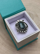 Phil Nez Navajo Sterling Silver Ring with Natural Kingman Turquoise — Adjustable (size 8 to 9), 1 1/4" × 1 1/8" Face (PN Hallmarked, Heirloom) - Cowhide and Conchos