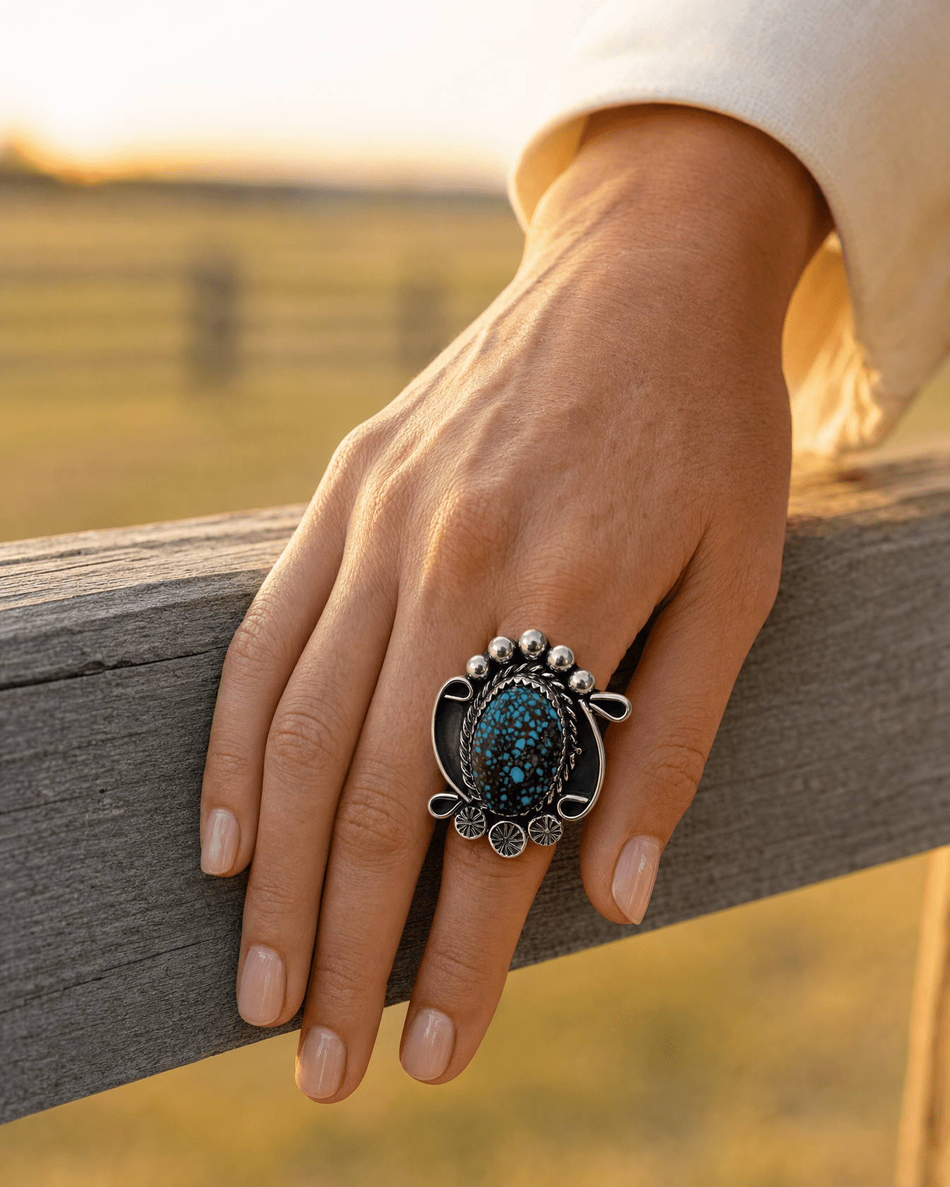 Phil Nez Navajo Sterling Silver Ring with Natural Kingman Turquoise — Adjustable (size 8 to 9), 1 1/4" × 1 1/8" Face (PN Hallmarked, Heirloom) - Cowhide and Conchos