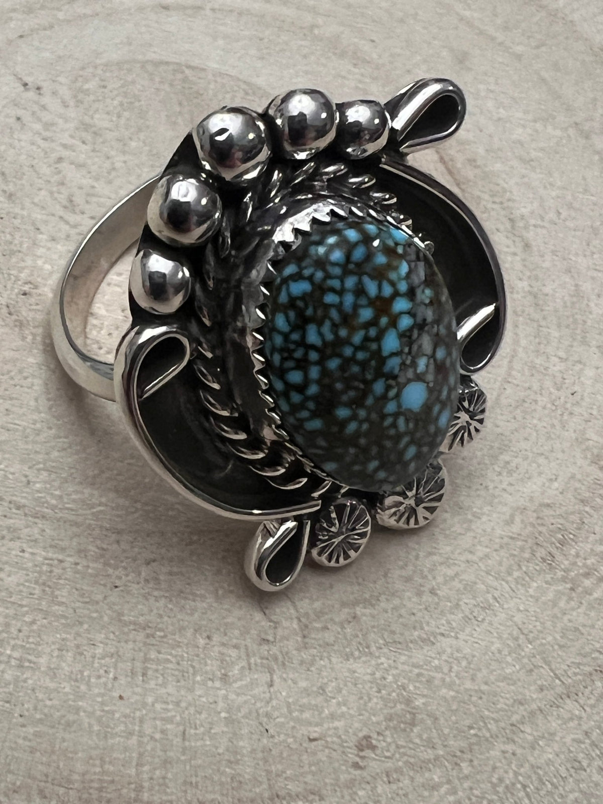 Phil Nez Navajo Sterling Silver Ring with Natural Kingman Turquoise — Adjustable (size 8 to 9), 1 1/4" × 1 1/8" Face (PN Hallmarked, Heirloom) - Cowhide and Conchos