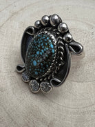 Phil Nez Navajo Sterling Silver Ring with Natural Kingman Turquoise — Adjustable (size 8 to 9), 1 1/4" × 1 1/8" Face (PN Hallmarked, Heirloom) - Cowhide and Conchos