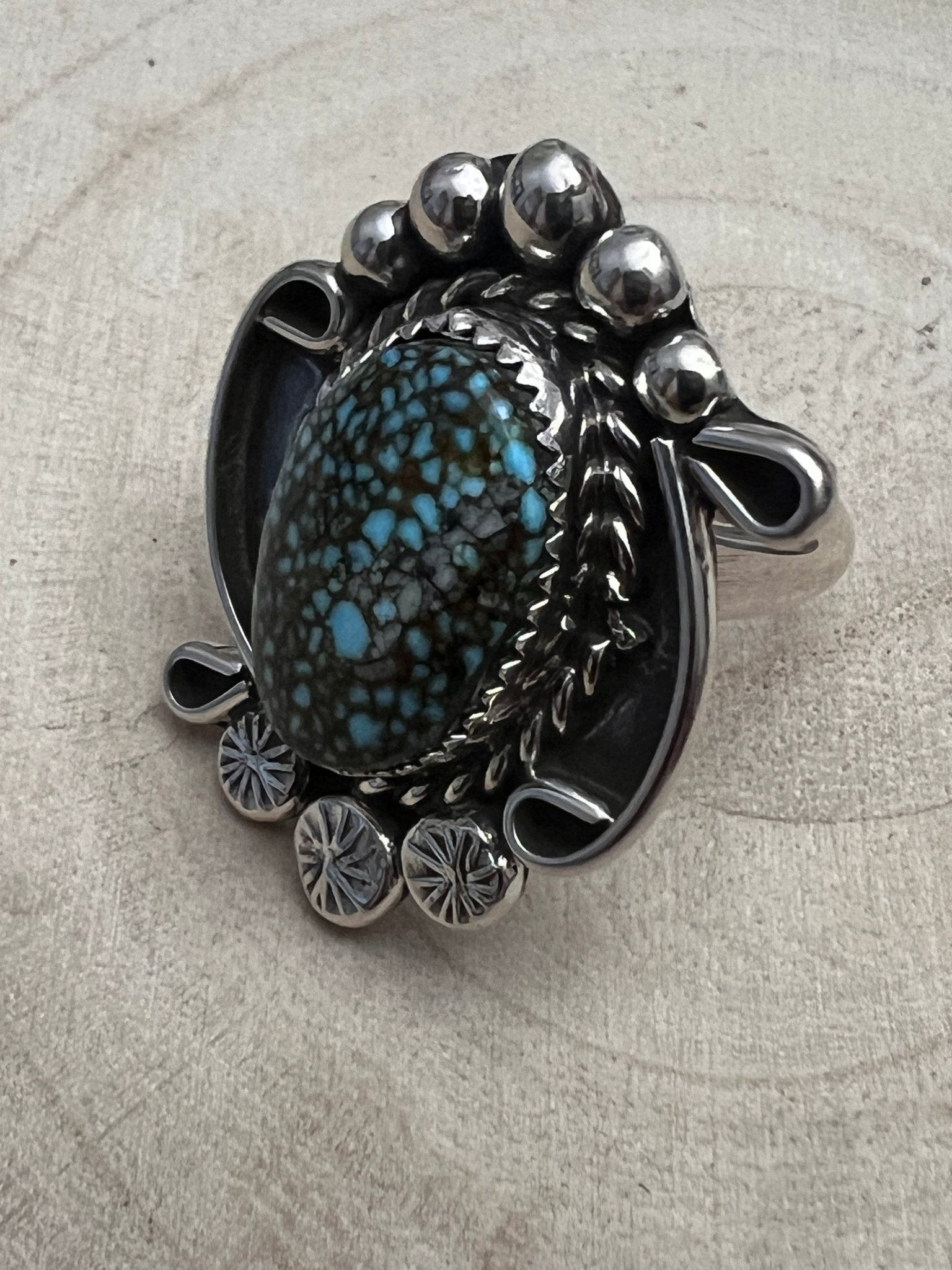 Phil Nez Navajo Sterling Silver Ring with Natural Kingman Turquoise — Adjustable (size 8 to 9), 1 1/4" × 1 1/8" Face (PN Hallmarked, Heirloom) - Cowhide and Conchos