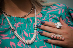 Pink Conch Graduated Necklace - 23 inch - Cowhide and Conchos