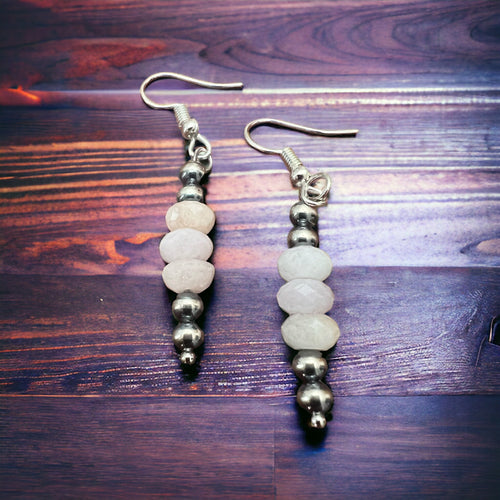 Pink Morganite and Silver pearl dangle earrings - Cowhide and Conchos