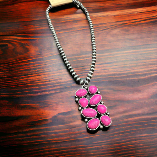 Pink Multi Shape Stone Pendant Necklace - Cowhide and Conchos
