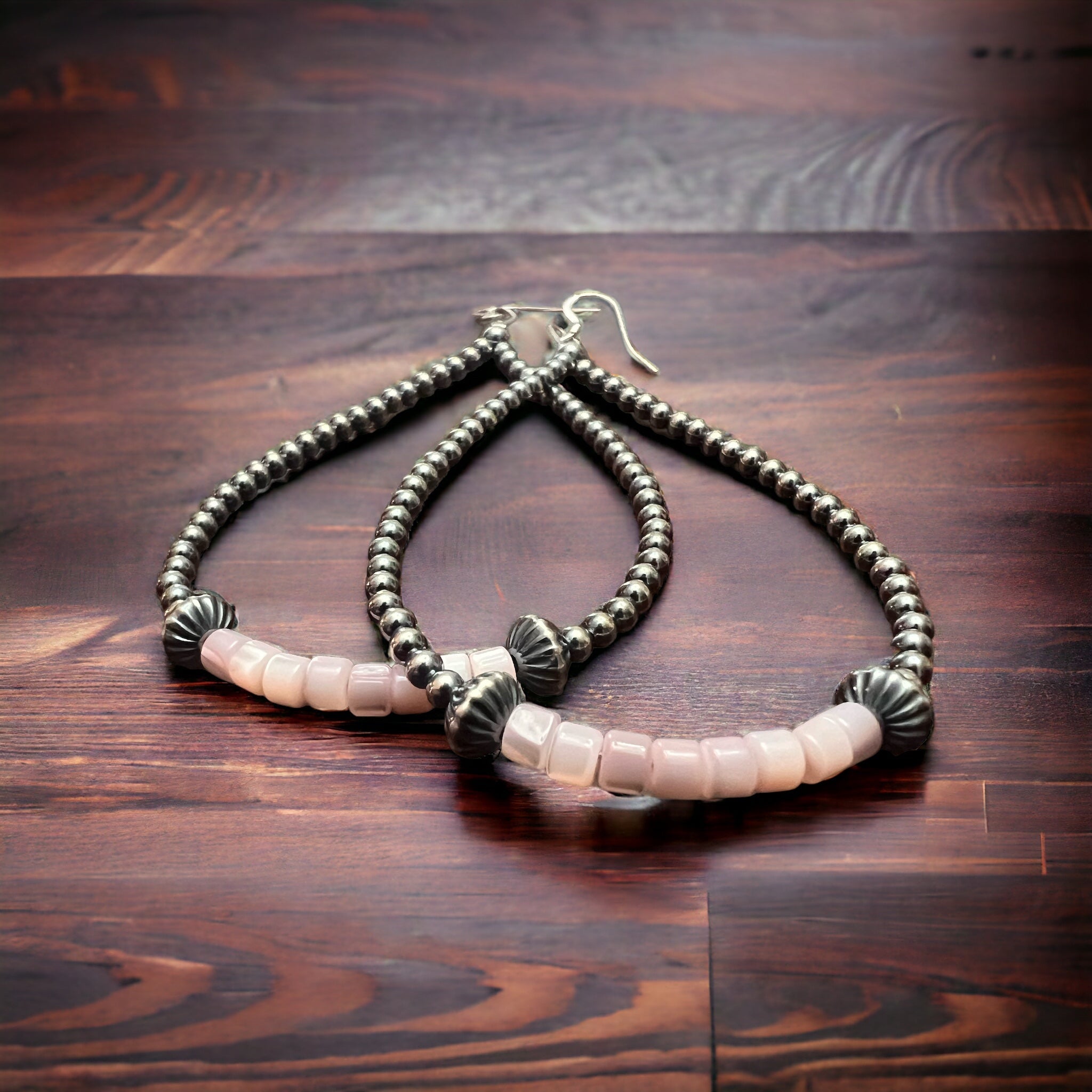 Pink shell earrings and Sterling Pearls - Cowhide and Conchos