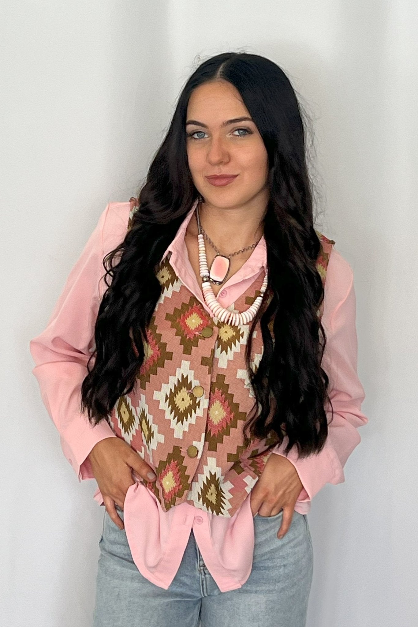 Pink Southwest Tapestry Vest - Cowhide and Conchos
