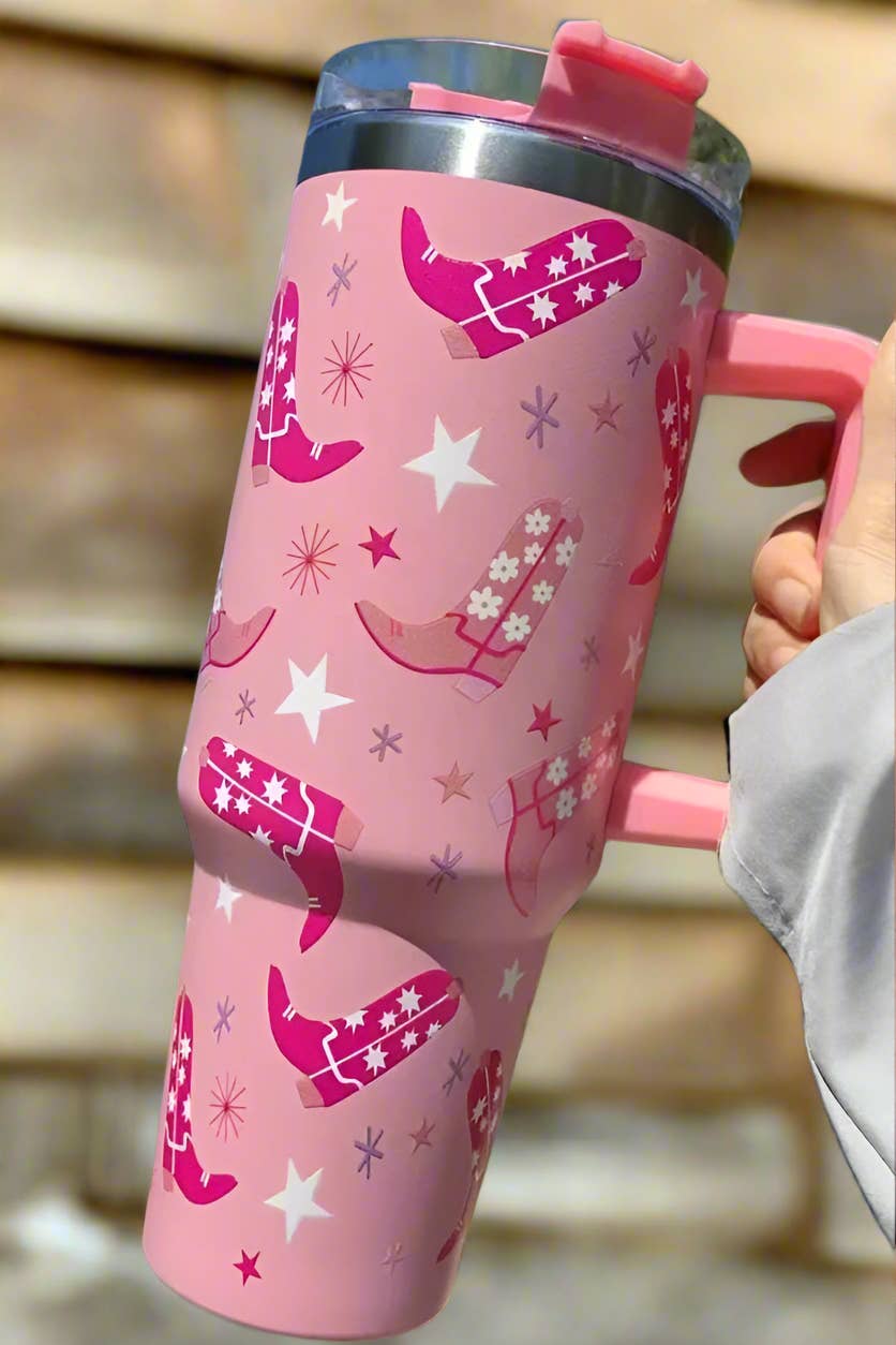 Pink Western Boot Tumbler - 40oz - Cowhide and Conchos