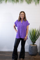 Pleated Button Up Woven Top - Cowhide and Conchos