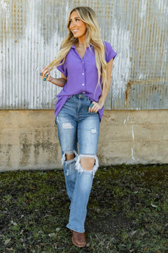 Pleated Button Up Woven Top - Cowhide and Conchos