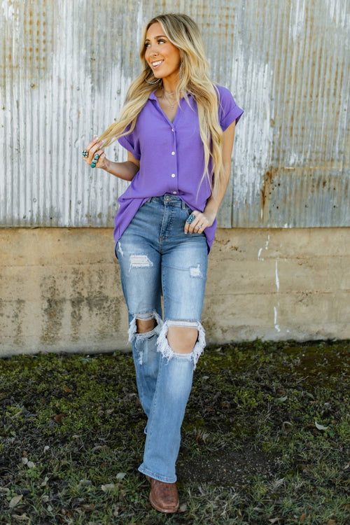Pleated Button Up Woven Top - Cowhide and Conchos