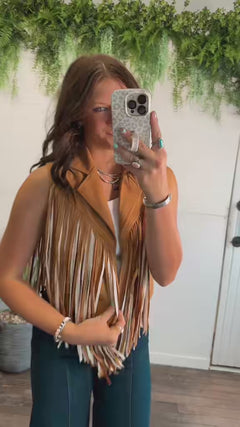 Camel Open Front Fringe Vest