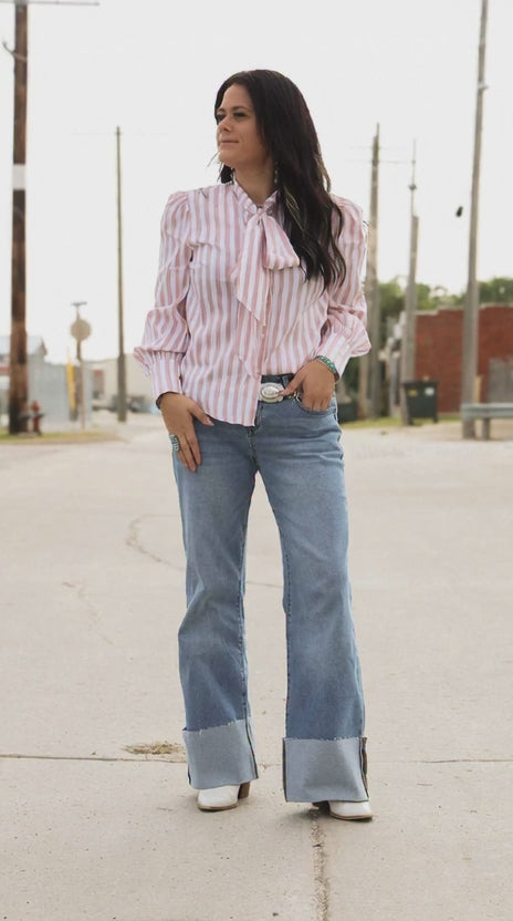 Howdy Hanny Mauve Stripe Long Sleeve Bow Tie Top