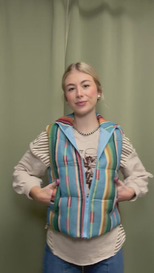 Jade Serape Woven Zip-Up Sleeveless Puffer Vest