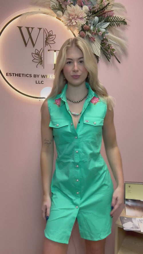 Jade Pearl Snap Button Down Floral Embroidered Sleeveless Stretch Tunic Dress