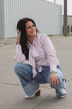 Howdy Hanny Mauve Stripe Long Sleeve Bow Tie Top