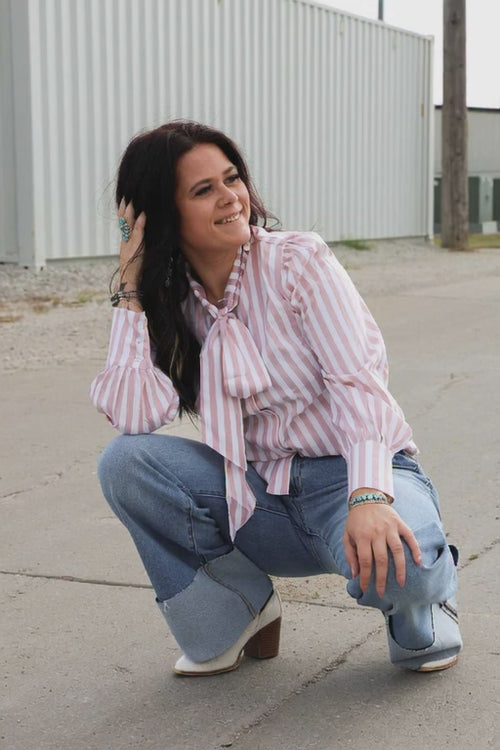 Howdy Hanny Mauve Stripe Long Sleeve Bow Tie Top