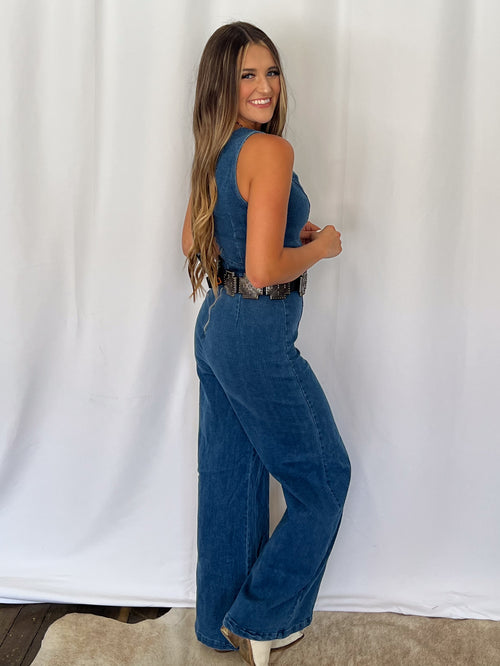Rosie Scalloped Neckline Denim Jumpsuit
