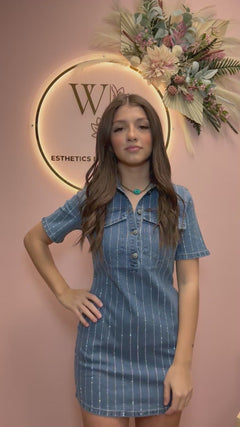 Denim Rhinestone Striped Detailed Collared Dress