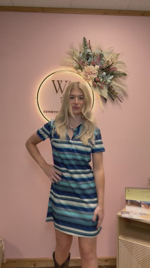 Western Blue Serape Printed Collared Dress W Pockets