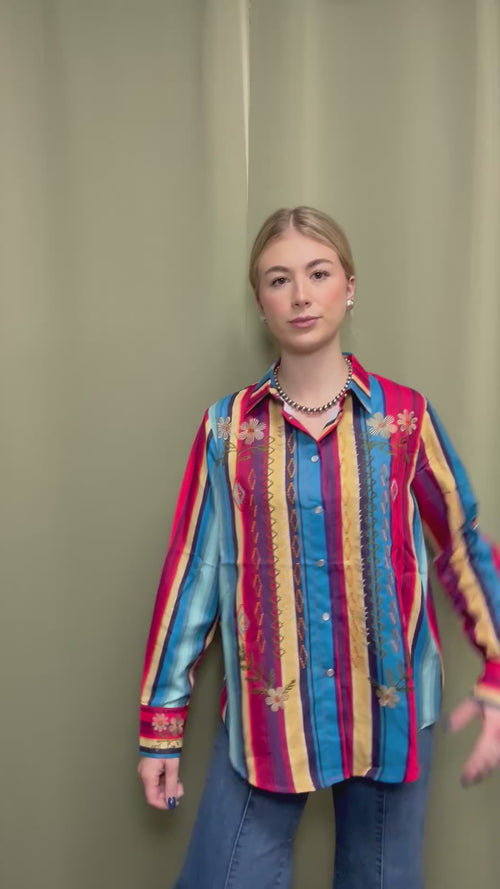 Red Turquoise Serape Pearl Snap Button Down Embroidered Top