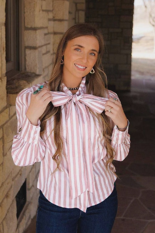 Howdy Hanny Mauve Stripe Long Sleeve Bow Tie Top