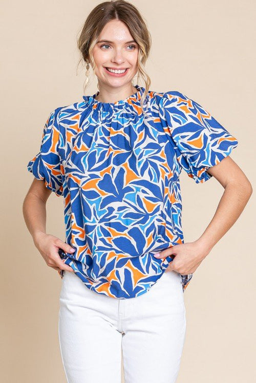 Print Puffed Sleeves Top - 1 large remaining - Cowhide and Conchos