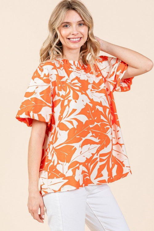 Print Puffed Sleeves Top - Cowhide and Conchos