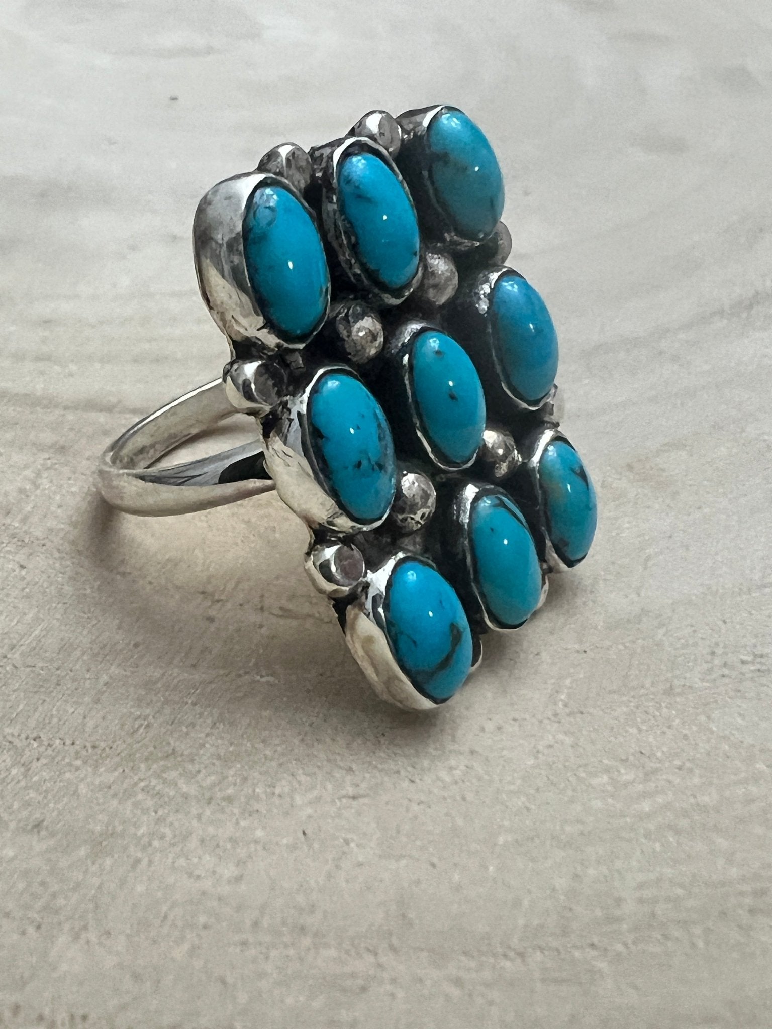 Priscilla Reeder Navajo Sterling Silver Turquoise Ring — Size 8 (1" × 7/8" Face, PR Hallmark, Heirloom) - Cowhide and Conchos