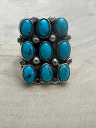 Priscilla Reeder Navajo Sterling Silver Turquoise Ring — Size 8 (1" × 7/8" Face, PR Hallmark, Heirloom) - Cowhide and Conchos